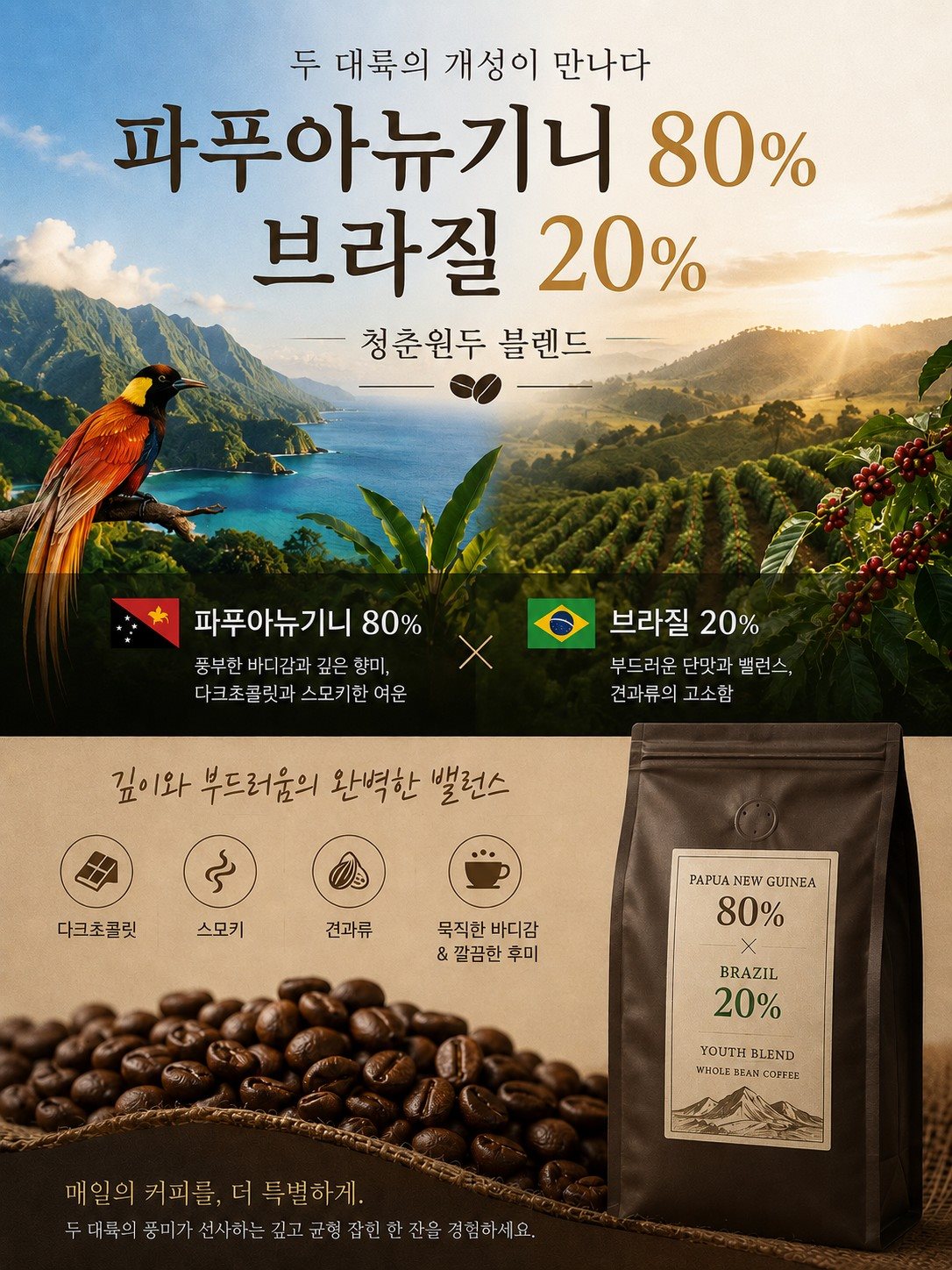 청춘원두 블렌드 파푸아뉴기니 80% 브라질 20%