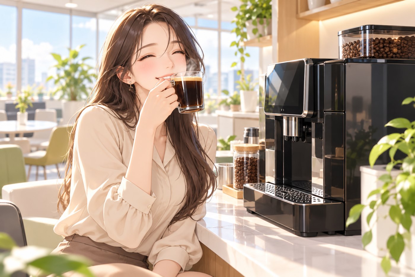 사무실 탕비실에서 원두 커피를 마시는 직원